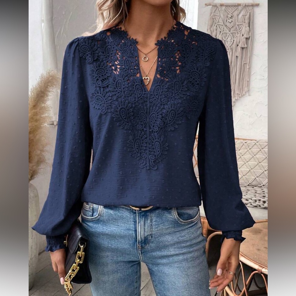 Elegant Navy Blue Swiss Dot Lace Blouse